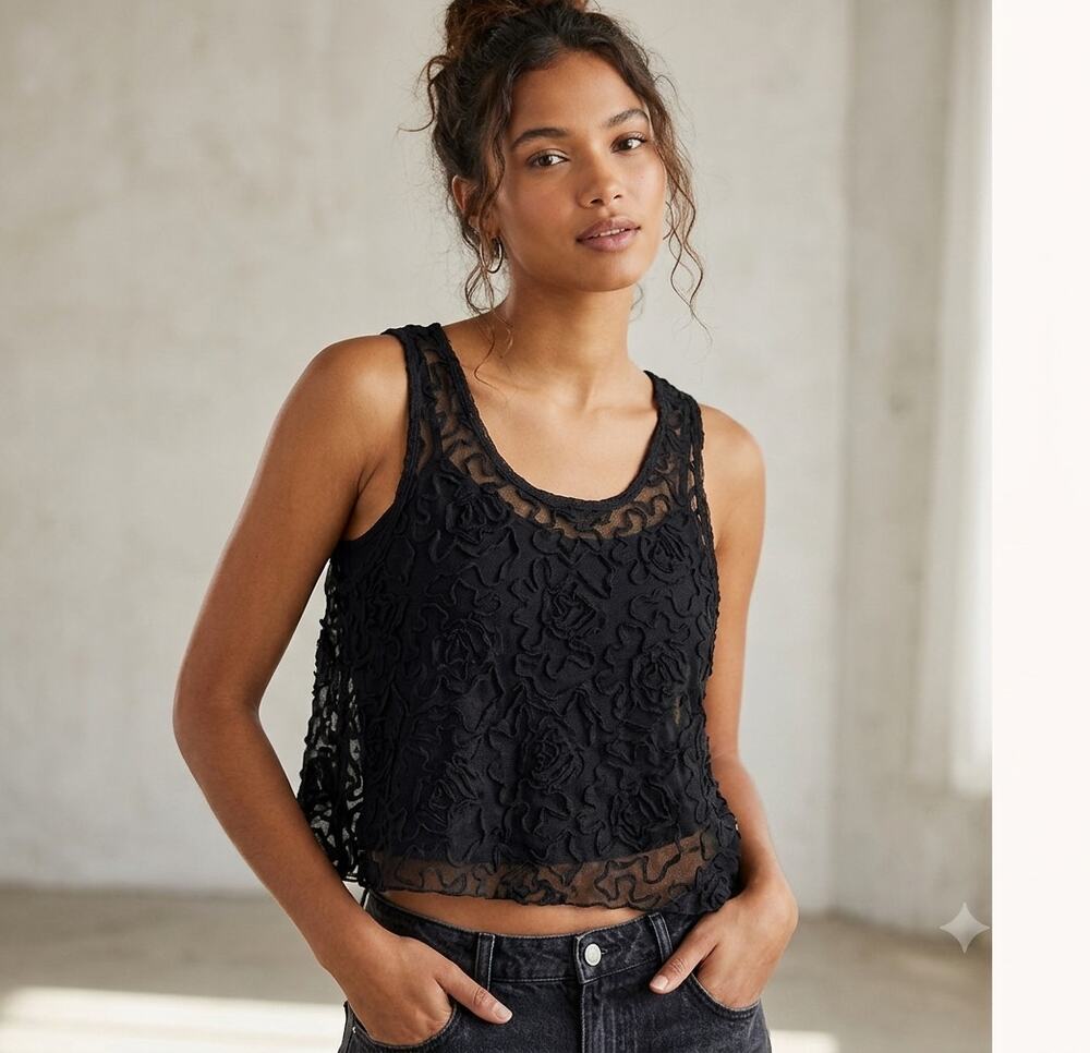 Free People Sheer Floral-Patterned Mesh Textured Sleeveless Tank Top EUC XS